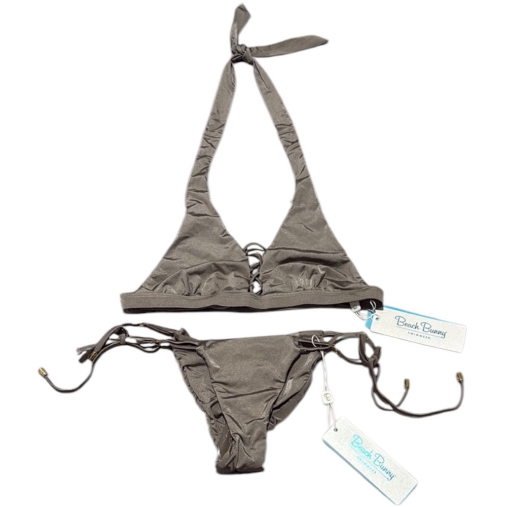 Beach Bunny Gray Halter Lace-Up Bikini Set